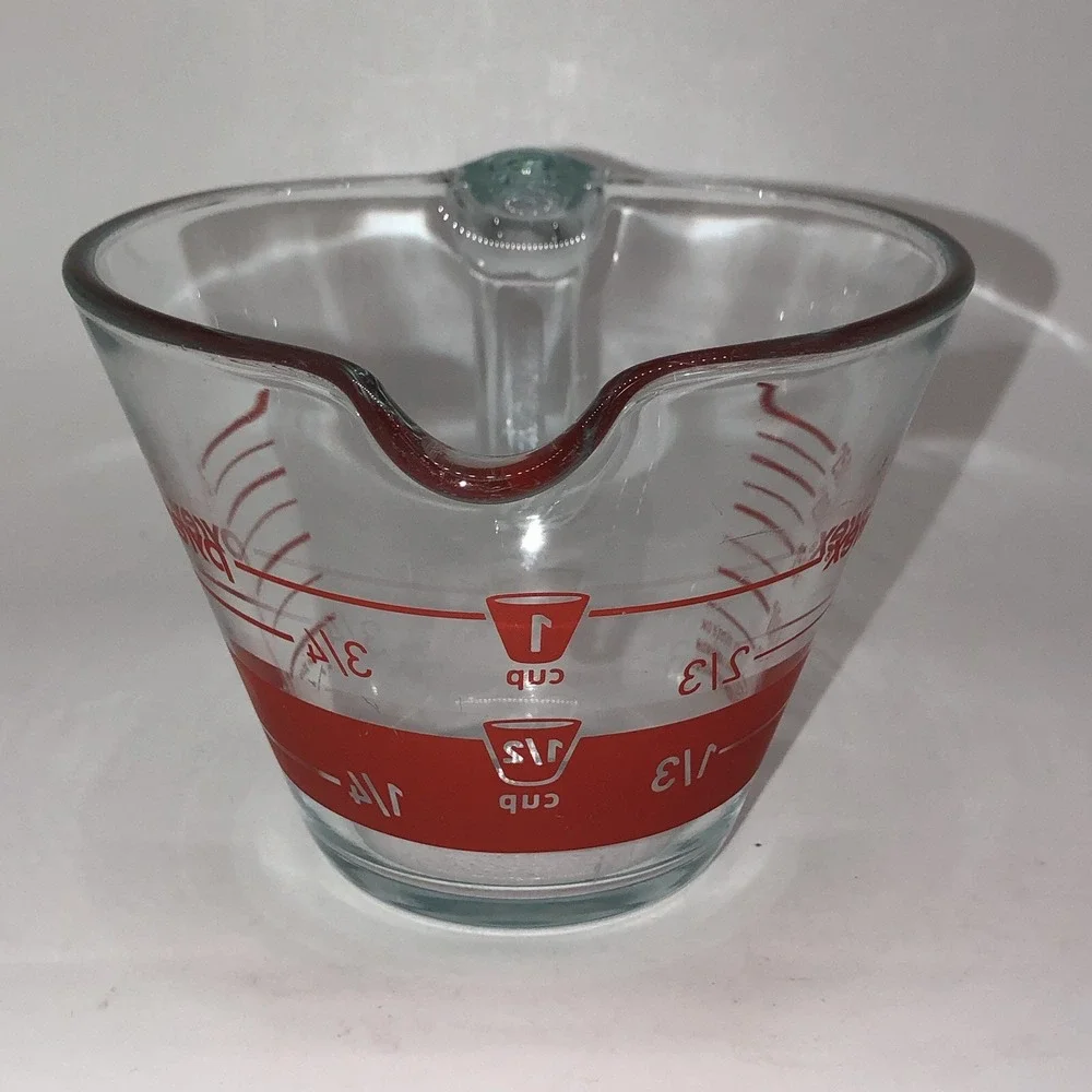 Pyrex Vintage Measuring 1 Cup Conical Shape Glass Reverse Print Red
